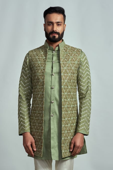 ARJUUN KILACHAND Green Suiting Embroidered Bundi And Kurta Set 