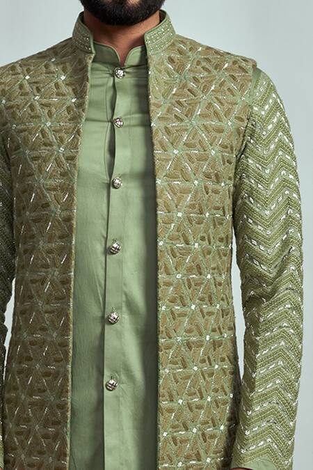 Buy Arjuun Kilachand Green Suiting Embroidered Bundi And Kurta Set Online at Aza Fashions Buy_Arjuun Kilachand_Green Suiting Embroidered Bundi And Kurta Set _Online_at_Aza_Fashions