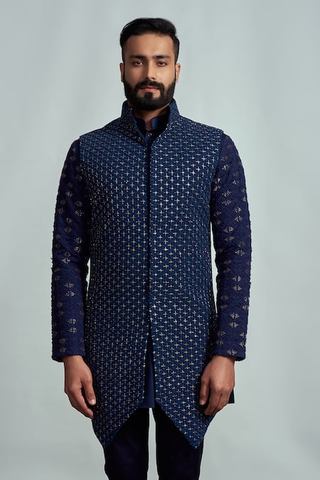 ARJUUN KILACHAND Blue Suiting Embroidered Bundi And Kurta Set 