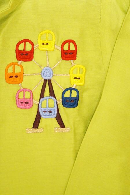 APRICOTKIDS_Green Cotton, Silk Embroidery Overlap Kurta And Pant Set _Online_at_Aza_Fashions