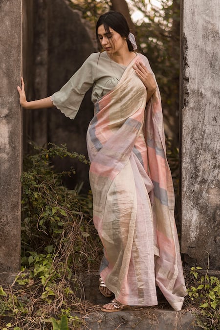 Vaani Beswal Multi Color Handwoven Linen Stripes, Akhila Saree Online at Aza Fashions Vaani Beswal_Multi Color Handwoven Linen Stripes, Akhila Saree _Online_at_Aza_Fashions