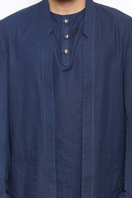 Arjuun Kilachand_Blue Linen Jacket And Pant Set _Online_at_Aza_Fashions
