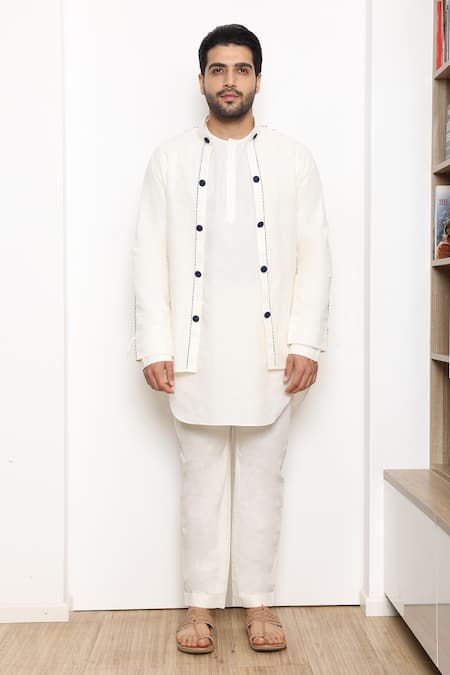 Buy White Linen Jacket And Pant Set For Men by Arjun Kilachand