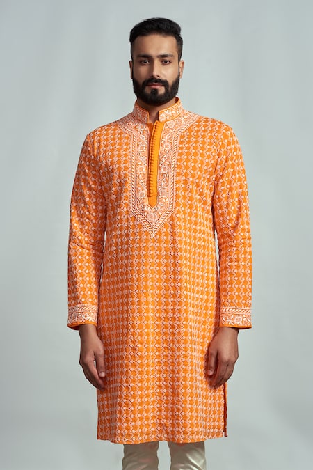 ARJUUN KILACHAND Orange Mul Cotton Chikankari Embroidered Kurta