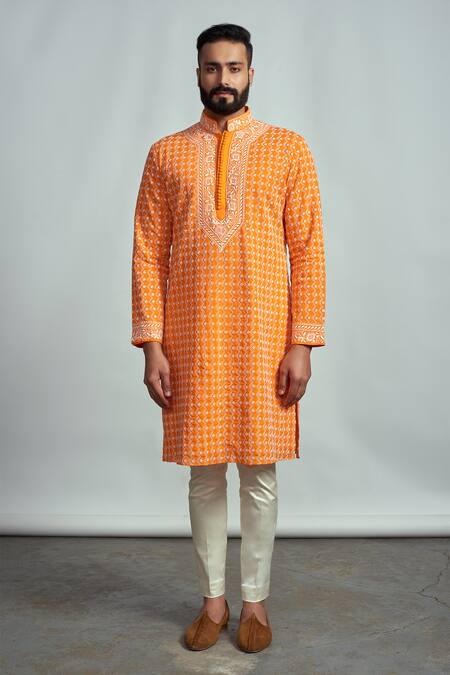 Arjuun Kilachand Orange Mul Cotton Chikankari Embroidered Kurta Online at Aza Fashions Arjuun Kilachand_Orange Mul Cotton Chikankari Embroidered Kurta _Online_at_Aza_Fashions