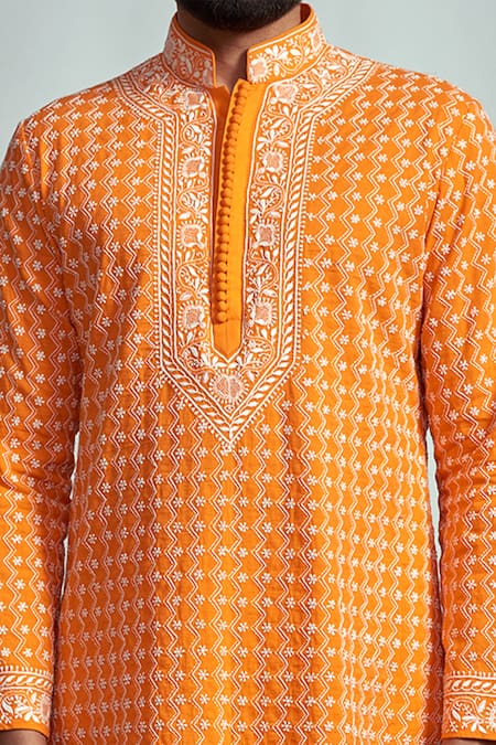 Buy Arjuun Kilachand Orange Mul Cotton Chikankari Embroidered Kurta Online at Aza Fashions Buy_Arjuun Kilachand_Orange Mul Cotton Chikankari Embroidered Kurta _Online_at_Aza_Fashions