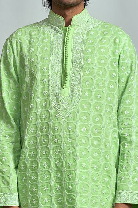 Buy Arjuun Kilachand Green Mul Cotton Chikankari Embroidered Kurta Online at Aza Fashions Buy_Arjuun Kilachand_Green Mul Cotton Chikankari Embroidered Kurta _Online_at_Aza_Fashions