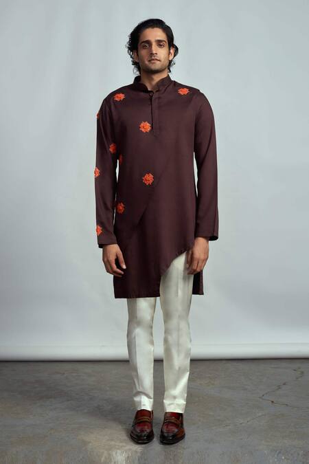 Arjuun Kilachand_Brown Cotton Silk Embroidered Asymmetric Kurta _Online_at_Aza_Fashions