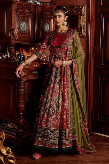 Kalista Multi Color Viscose Silk Hand Painted Floral Ahilya Anarkali With Dupatta 