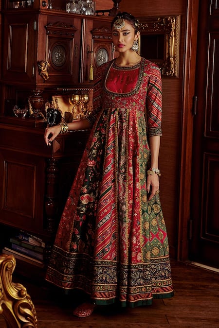 Kalista_Multi Color Net, Viscose Silk Floral Ahilya Hand Painted Anarkali With Dupatta _Online_at_Aza_Fashions