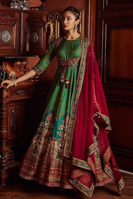 Kalista Green Viscose Silk Hand Painted Floral Motifs Mumtaz Anarkali With Dupatta 