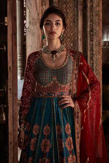 Kalista_Blue Anarkali Viscose Silk, Dupatta Net Beads And Samaira Embroidered With _Online_at_Aza_Fashions