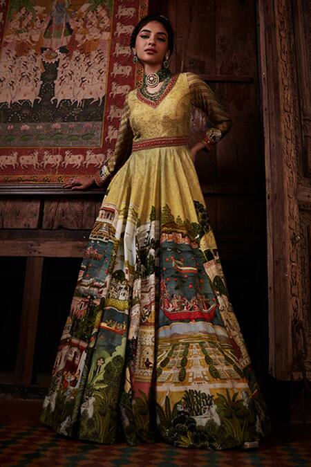 Kalista_Yellow Anarkali Viscose Silk, Dupatta Net V Neck Pakeeza With Embellished _Online_at_Aza_Fashions