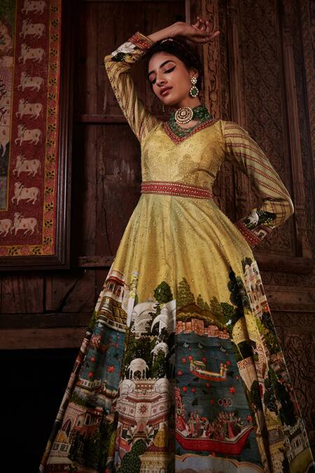 Buy_Kalista_Yellow Anarkali Viscose Silk, Dupatta Net V Neck Pakeeza With Embellished _Online_at_Aza_Fashions