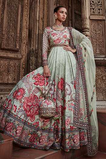 Kalista_Green Anarkali Viscose Silk, Dupatta Net Floral Pattern Ayra Print With _Online_at_Aza_Fashions