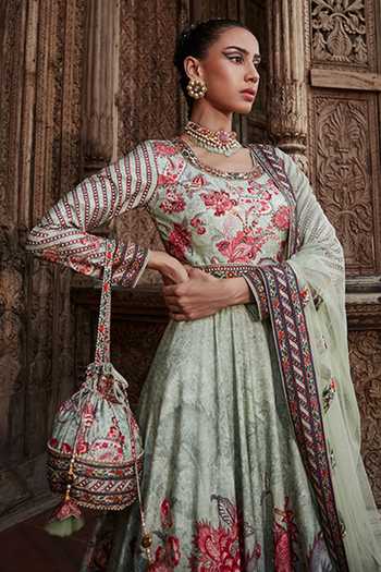 Buy_Kalista_Green Anarkali Viscose Silk, Dupatta Net Floral Pattern Ayra Print With _Online_at_Aza_Fashions