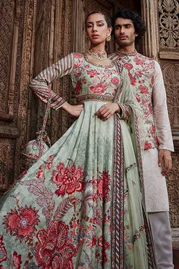 Shop_Kalista_Green Anarkali Viscose Silk, Dupatta Net Floral Pattern Ayra Print With _Online_at_Aza_Fashions