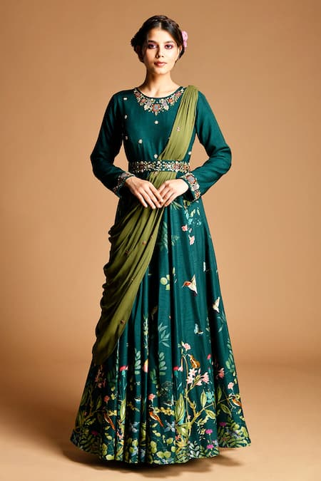Kalista_Green Dola , 40%, Viscose 60% Round Anarkali With Draped Dupatta _Online_at_Aza_Fashions