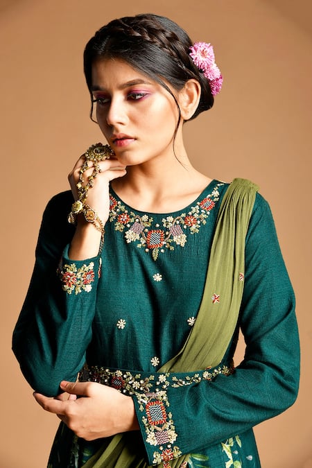 Buy_Kalista_Green Dola , 40%, Viscose 60% Round Anarkali With Draped Dupatta _Online_at_Aza_Fashions