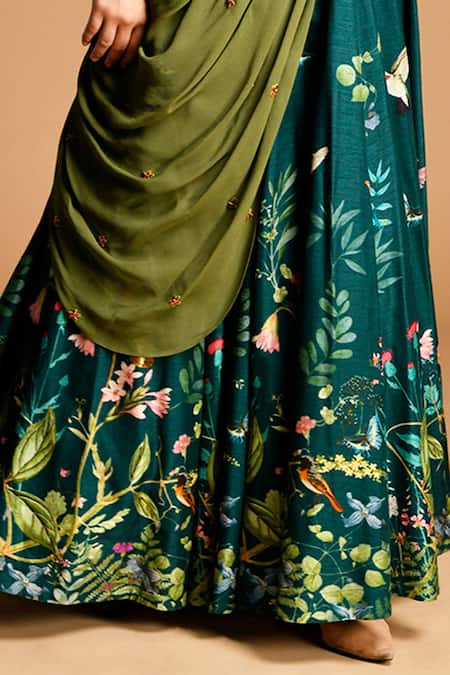 Shop_Kalista_Green Dola , 40%, Viscose 60% Round Anarkali With Draped Dupatta _Online_at_Aza_Fashions