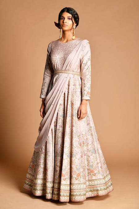 Shop Kalista Purple Dola , 40%, Viscose 60% Round Anarkali With Draped Dupatta at Aza Fashions Shop_Kalista_Purple Dola , 40%, Viscose 60% Round Anarkali With Draped Dupatta _at_Aza_Fashions