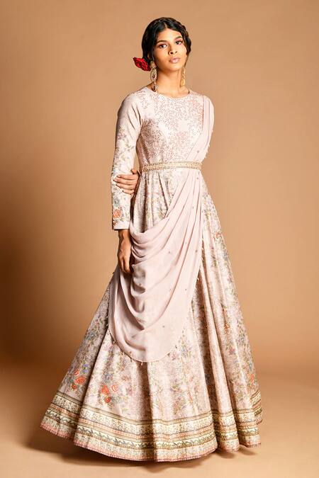 Kalista Purple Dola , 40%, Viscose 60% Round Anarkali With Draped Dupatta Online at Aza Fashions Kalista_Purple Dola , 40%, Viscose 60% Round Anarkali With Draped Dupatta _Online_at_Aza_Fashions