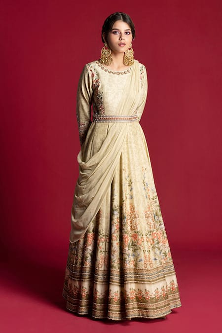Kalista_Green Dola , 40%, Viscose 60% Round Anarkali With Draped Dupatta _Online_at_Aza_Fashions