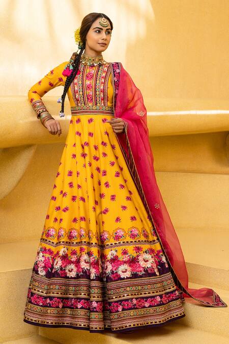 Kalista Yellow Anarkali Natural Silk, Dupatta Organza Floral Inayat Printed With Online at Aza Fashions Kalista_Yellow Anarkali Natural Silk, Dupatta Organza Floral Inayat Printed With _Online_at_Aza_Fashions