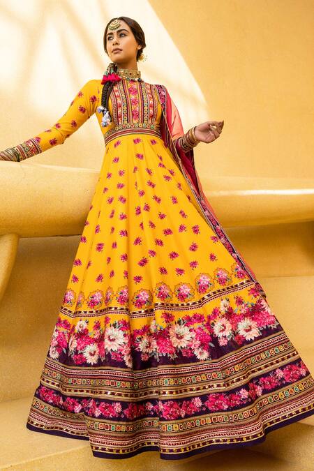 Shop Kalista Yellow Anarkali Natural Silk, Dupatta Organza Floral Inayat Printed With Online at Aza Fashions Shop_Kalista_Yellow Anarkali Natural Silk, Dupatta Organza Floral Inayat Printed With _Online_at_Aza_Fashions