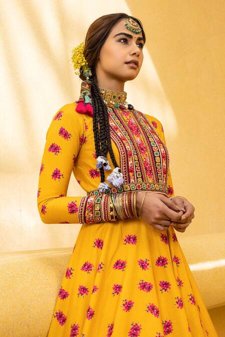 Kalista Yellow Anarkali Natural Silk, Dupatta Organza Floral Inayat Printed With at Aza Fashions Kalista_Yellow Anarkali Natural Silk, Dupatta Organza Floral Inayat Printed With _at_Aza_Fashions