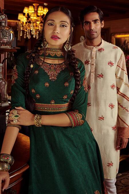 Buy_Kalista_Green Net, Viscose Silk Bead Work, Mehjabeen Embroidered Anarkali With Dupatta _Online_at_Aza_Fashions