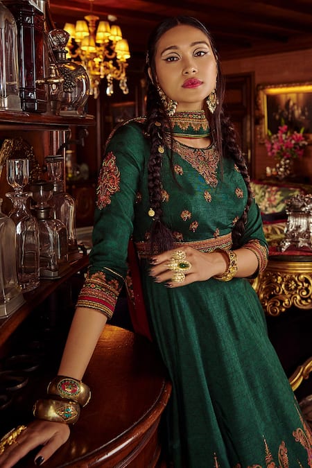 Shop_Kalista_Green Net, Viscose Silk Bead Work, Mehjabeen Embroidered Anarkali With Dupatta _Online_at_Aza_Fashions