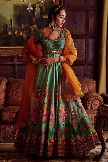 Kalista_Green Organza, Viscose Silk Floral Anahita Hand Painted Anarkali With Dupatta _Online_at_Aza_Fashions