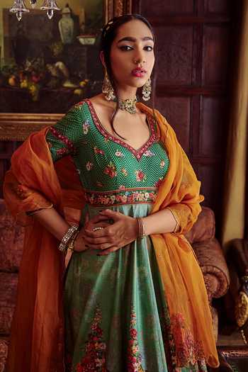 Shop_Kalista_Green Organza, Viscose Silk Floral Anahita Hand Painted Anarkali With Dupatta _Online_at_Aza_Fashions