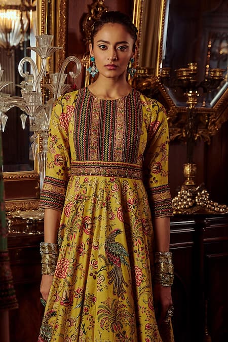 Buy_Kalista_Yellow Net, Viscose Silk Bageecha Peacock Hand Painted Anarkali With Dupatta _Online_at_Aza_Fashions