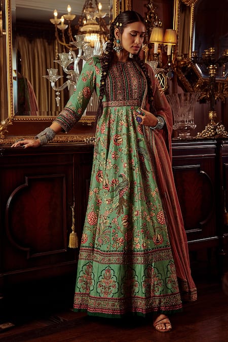 Kalista Bageecha Peacock Hand Painted Anarkali With Dupatta 