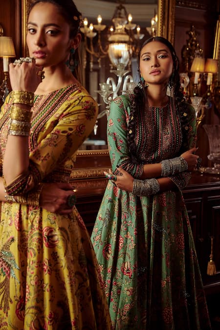 Buy_Kalista_Green Net, Viscose Silk Bageecha Peacock Hand Painted Anarkali With Dupatta _Online_at_Aza_Fashions