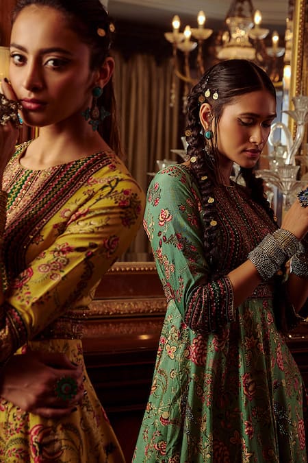 Shop_Kalista_Green Net, Viscose Silk Bageecha Peacock Hand Painted Anarkali With Dupatta _Online_at_Aza_Fashions