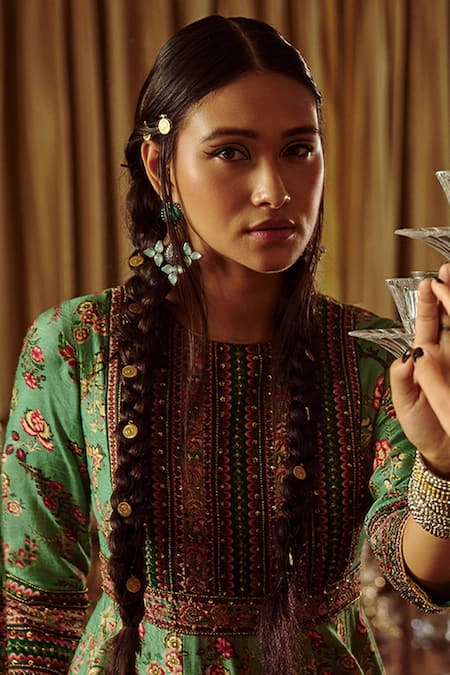 Kalista_Green Net, Viscose Silk Bageecha Peacock Hand Painted Anarkali With Dupatta _at_Aza_Fashions