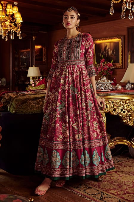 Kalista_Pink Net, Viscose Silk Bageecha Peacock Hand Painted Anarkali With Dupatta _Online_at_Aza_Fashions