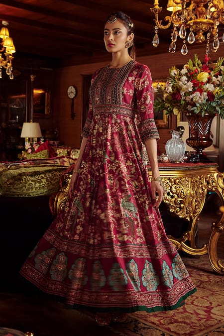 Buy_Kalista_Pink Net, Viscose Silk Bageecha Peacock Hand Painted Anarkali With Dupatta _Online_at_Aza_Fashions