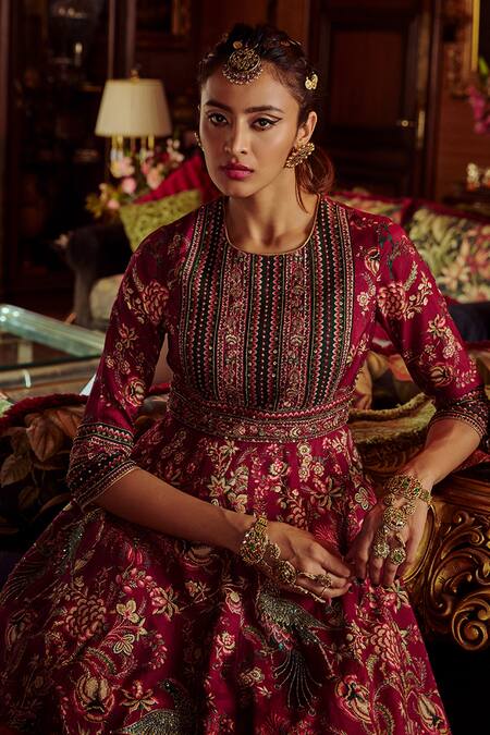 Shop_Kalista_Pink Net, Viscose Silk Bageecha Peacock Hand Painted Anarkali With Dupatta _Online_at_Aza_Fashions