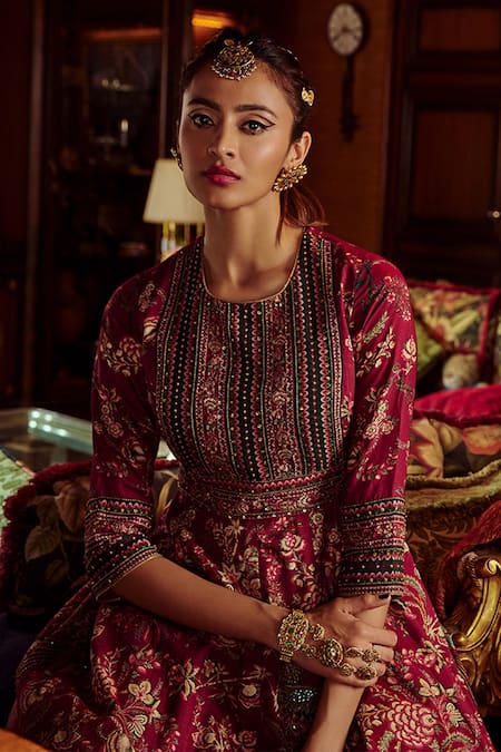 Kalista_Pink Net, Viscose Silk Bageecha Peacock Hand Painted Anarkali With Dupatta _at_Aza_Fashions