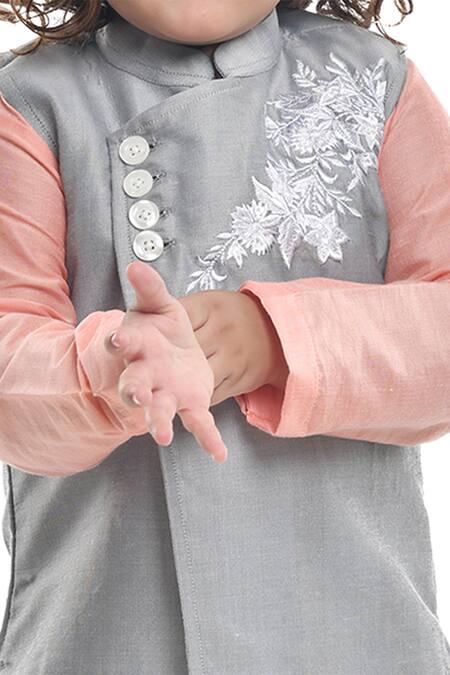 APRICOTKIDS_Gray , Satin Embroidery Grey And Peach Kurta Set _Online_at_Aza_Fashions