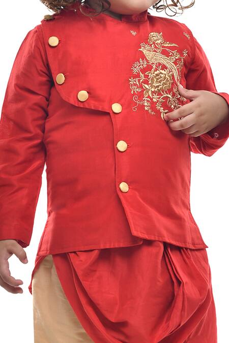 APRICOTKIDS Red Cotton, Silk Embroidery Jacket And Kurta Set Online at Aza Fashions APRICOTKIDS_Red Cotton, Silk Embroidery Jacket And Kurta Set _Online_at_Aza_Fashions