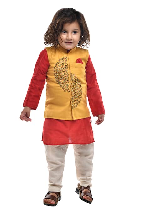 APRICOTKIDS Yellow Cotton, Silk Embroidery Bundi Kurta Set