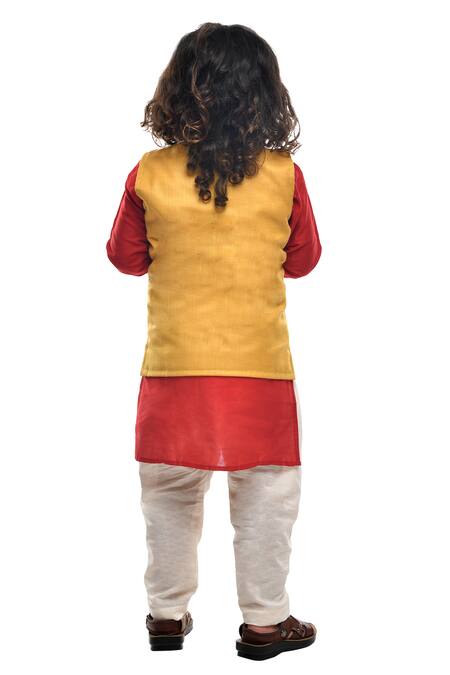 Shop APRICOTKIDS Yellow Cotton, Silk Embroidery Bundi Kurta Set at Aza Fashions Shop_APRICOTKIDS_Yellow Cotton, Silk Embroidery Bundi Kurta Set _at_Aza_Fashions