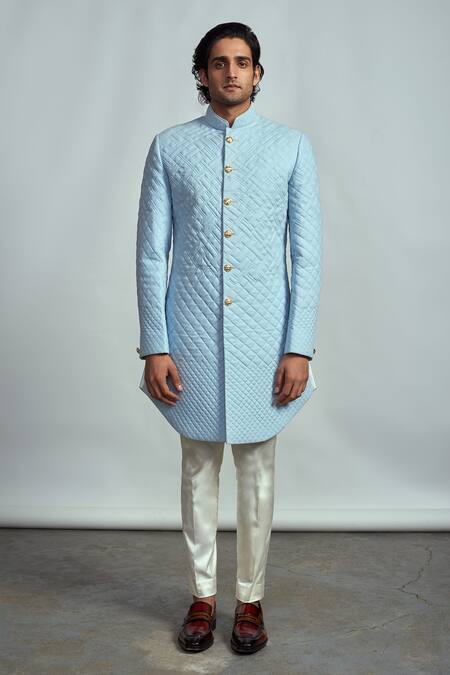 Arjuun Kilachand_Blue Cotton Quilted Sherwani _Online_at_Aza_Fashions