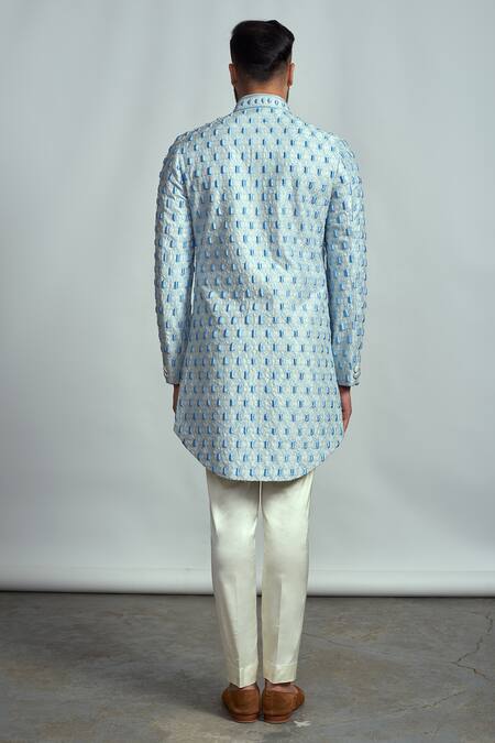 Shop_ARJUUN KILACHAND_Blue Raw Silk Embroidered Sherwani _at_Aza_Fashions