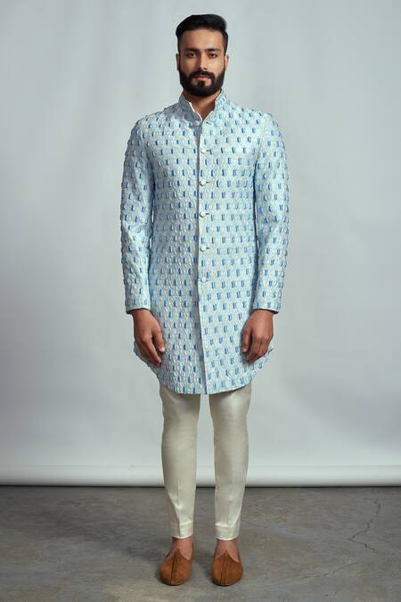 ARJUUN KILACHAND_Blue Raw Silk Embroidered Sherwani _Online_at_Aza_Fashions